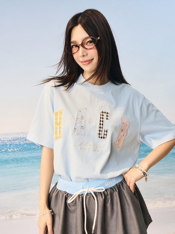 Color-Blocking Floral Patchwork Embroidered Round Neck Loose Short-Sleeve T-Shirt for Kids and Adults - Playful 90s Style