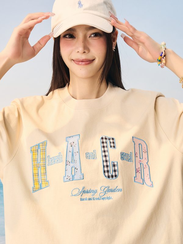 Color-Blocking Floral Patchwork Embroidered Round Neck Loose Short-Sleeve T-Shirt for Kids and Adults - Playful 90s Style