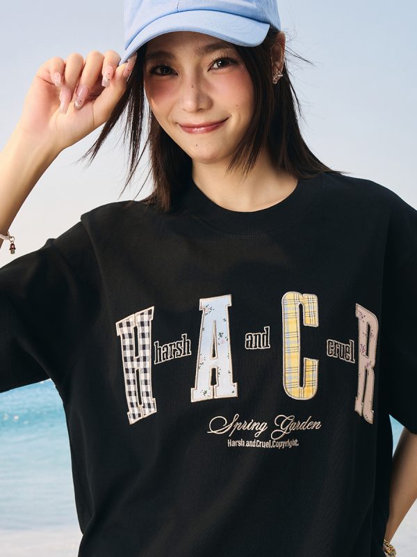 Color-Blocking Floral Patchwork Embroidered Round Neck Loose Short-Sleeve T-Shirt for Kids and Adults - Playful 90s Style