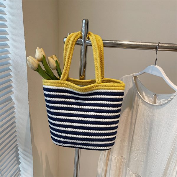 Color-Blocking Striped Woven Shoulder Bag for Women - Versatile Summer 2025 Beach Bucket Bag