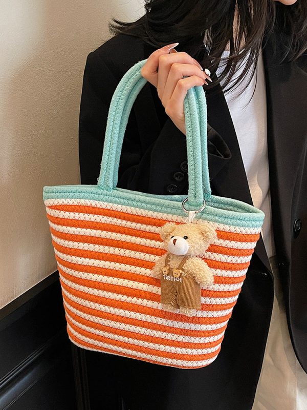 Color-Blocking Striped Woven Shoulder Bag for Women - Versatile Summer 2025 Beach Bucket Bag