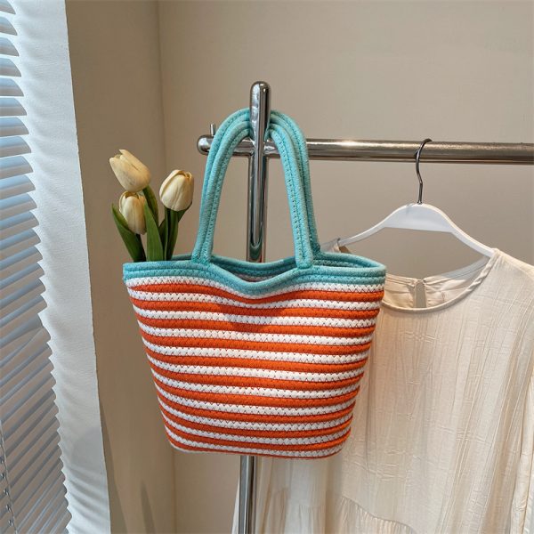 Color-Blocking Striped Woven Shoulder Bag for Women - Versatile Summer 2025 Beach Bucket Bag