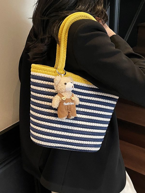 Color-Blocking Striped Woven Shoulder Bag for Women - Versatile Summer 2025 Beach Bucket Bag