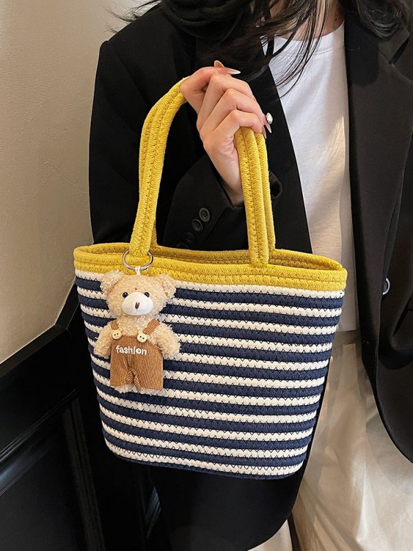 Color-Blocking Striped Woven Shoulder Bag for Women - Versatile Summer 2025 Beach Bucket Bag