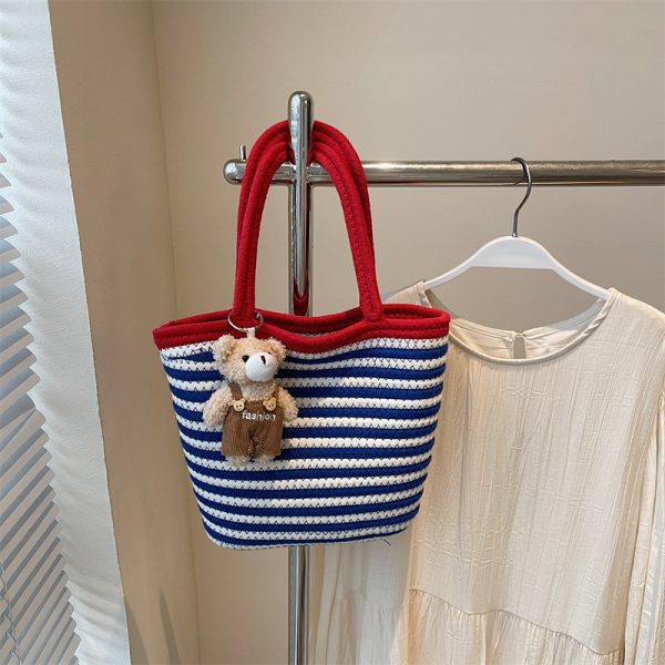 Color-Blocking Striped Woven Shoulder Bag for Women - Versatile Summer 2025 Beach Bucket Bag