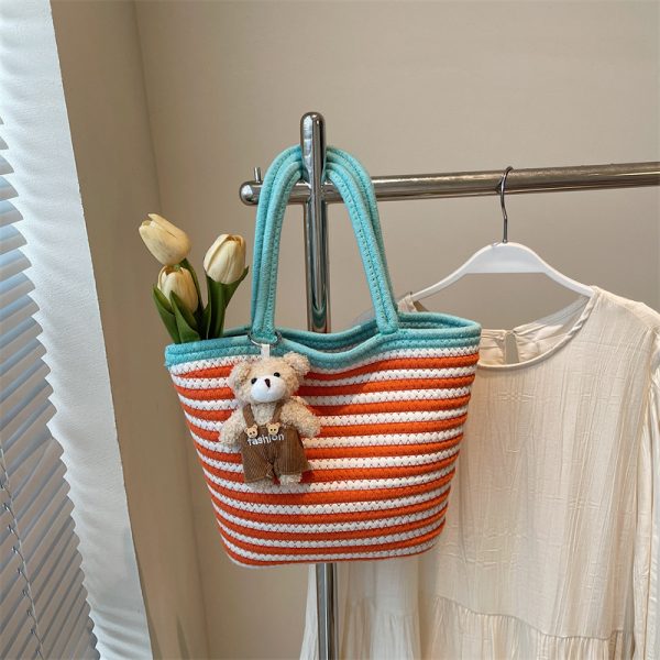 Color-Blocking Striped Woven Shoulder Bag for Women - Versatile Summer 2025 Beach Bucket Bag