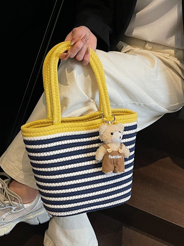 Color-Blocking Striped Woven Shoulder Bag for Women - Versatile Summer 2025 Beach Bucket Bag