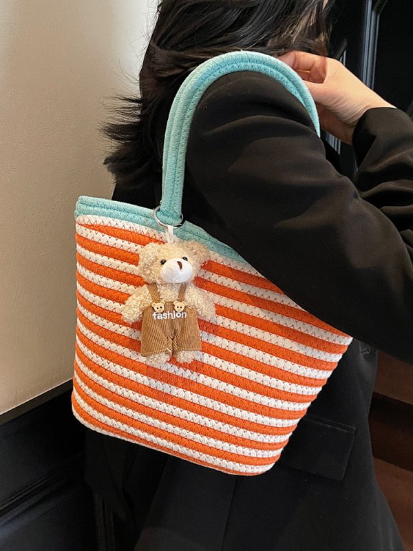 Color-Blocking Striped Woven Shoulder Bag for Women - Versatile Summer 2025 Beach Bucket Bag