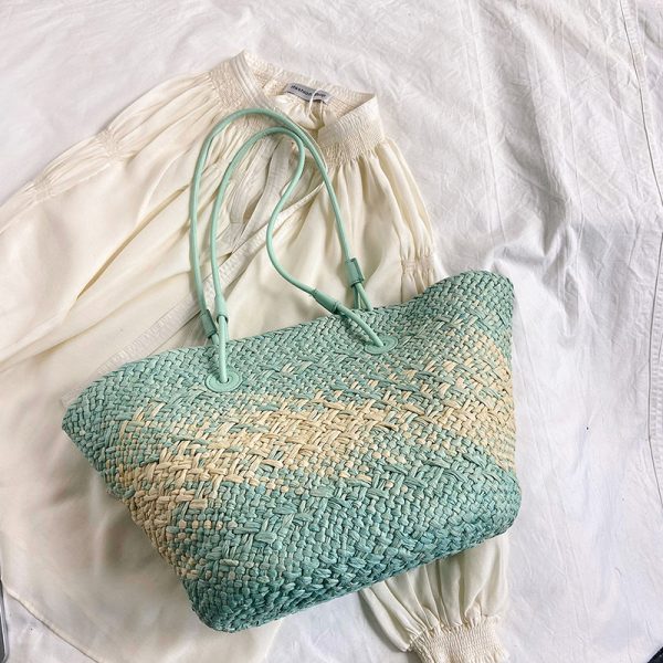 Color-Blocking Woven Straw Bag for Women - Large Capacity Shoulder Bag for Summer Seaside Vacation 2025 Fashion