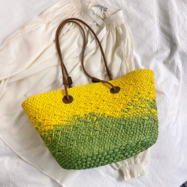 Color-Blocking Woven Straw Bag for Women - Large Capacity Shoulder Bag for Summer Seaside Vacation 2025 Fashion