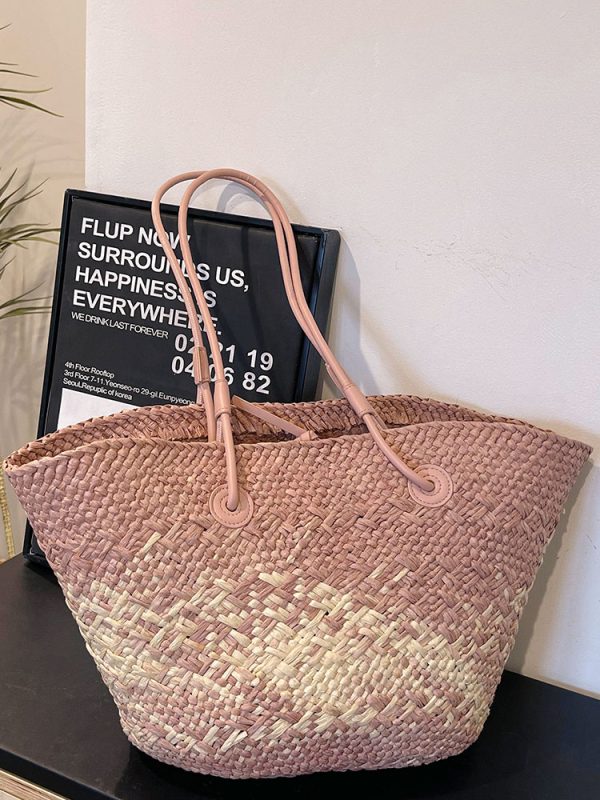 Color-Blocking Woven Straw Bag for Women - Large Capacity Shoulder Bag for Summer Seaside Vacation 2025 Fashion