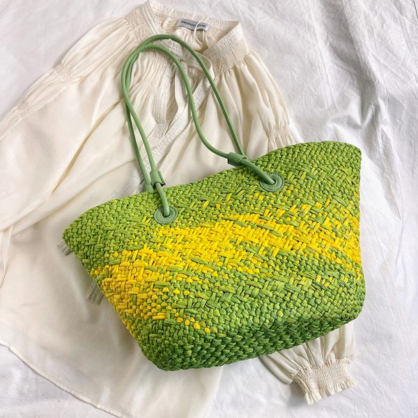 Color-Blocking Woven Straw Bag for Women - Large Capacity Shoulder Bag for Summer Seaside Vacation 2025 Fashion