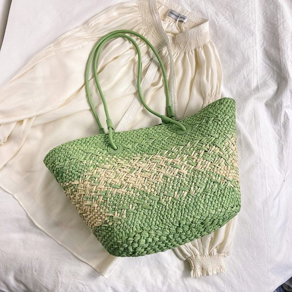 Color-Blocking Woven Straw Bag for Women - Large Capacity Shoulder Bag for Summer Seaside Vacation 2025 Fashion