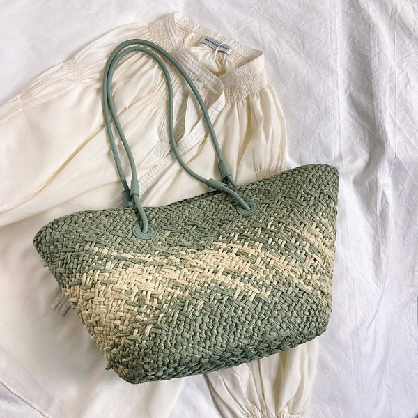 Color-Blocking Woven Straw Bag for Women - Large Capacity Shoulder Bag for Summer Seaside Vacation 2025 Fashion