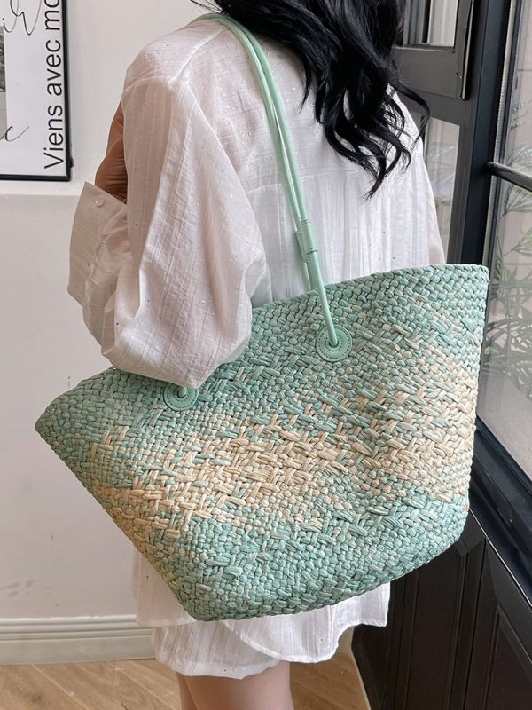 Color-Blocking Woven Straw Bag for Women - Large Capacity Shoulder Bag for Summer Seaside Vacation 2025 Fashion