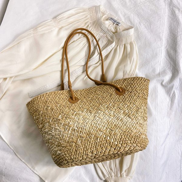 Color-Blocking Woven Straw Bag for Women - Large Capacity Shoulder Bag for Summer Seaside Vacation 2025 Fashion