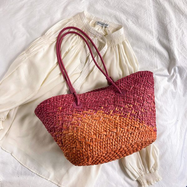 Color-Blocking Woven Straw Bag for Women - Large Capacity Shoulder Bag for Summer Seaside Vacation 2025 Fashion