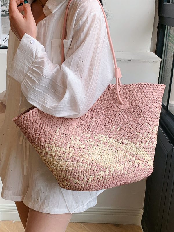 Color-Blocking Woven Straw Bag for Women - Large Capacity Shoulder Bag for Summer Seaside Vacation 2025 Fashion