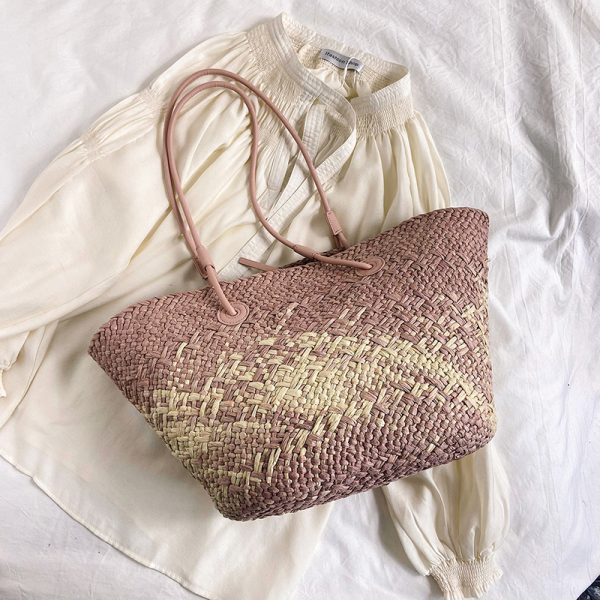 Color-Blocking Woven Straw Bag for Women - Large Capacity Shoulder Bag for Summer Seaside Vacation 2025 Fashion