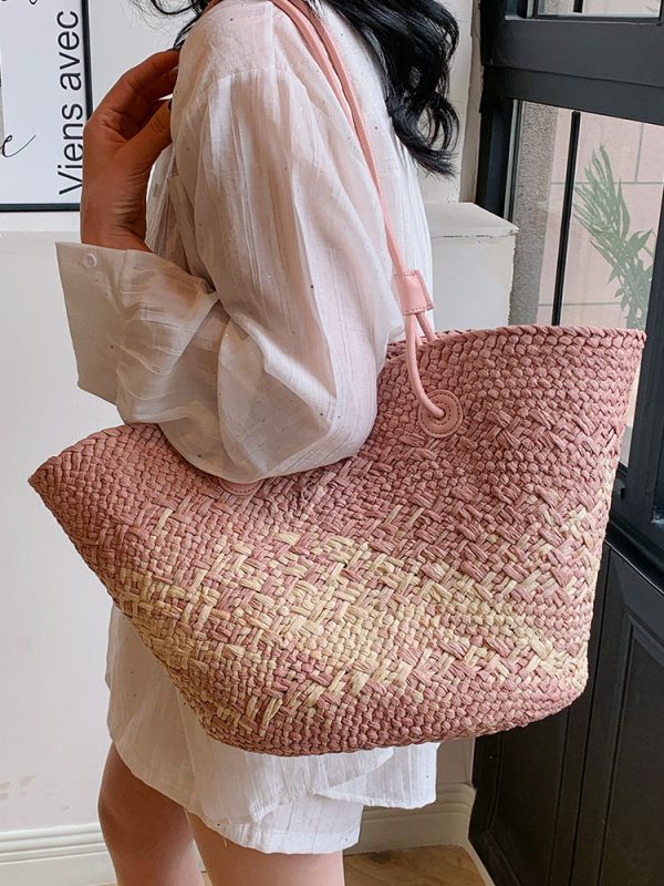 Color-Blocking Woven Straw Bag for Women - Large Capacity Shoulder Bag for Summer Seaside Vacation 2025 Fashion