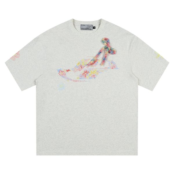 Colorful Floral Graffiti Crayon-Painted Short Sleeve T-Shirt for Kids with Bow Detail - Quirky and Fun Design