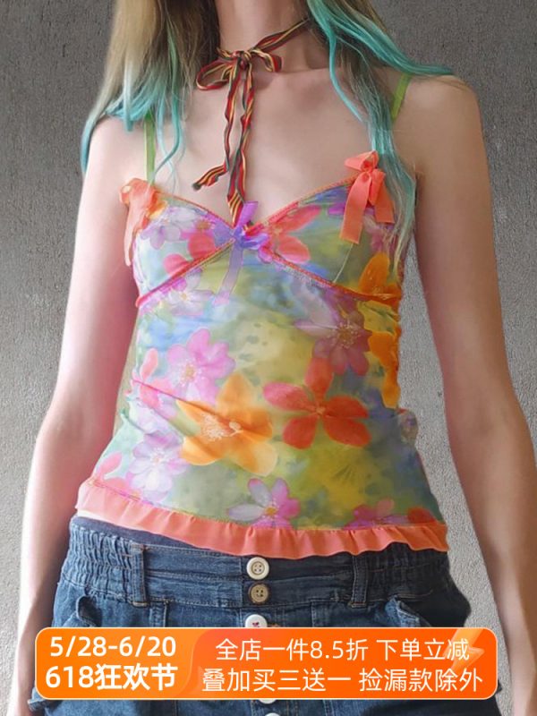 Colorful Floral Mesh Spaghetti Strap Women's Summer Vest - Forest Fairy Design, Dopamine Element, Trendy Y2K Style