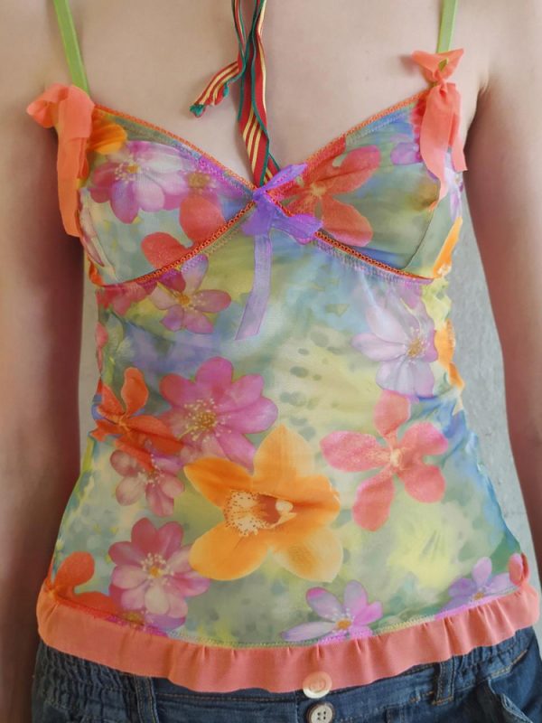 Colorful Floral Mesh Spaghetti Strap Women's Summer Vest - Forest Fairy Design, Dopamine Element, Trendy Y2K Style