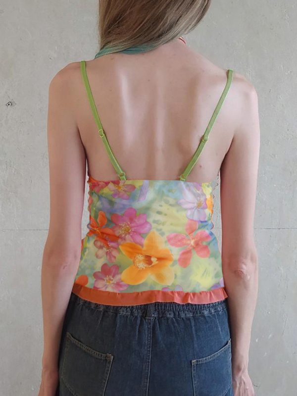 Colorful Floral Mesh Spaghetti Strap Women's Summer Vest - Forest Fairy Design, Dopamine Element, Trendy Y2K Style