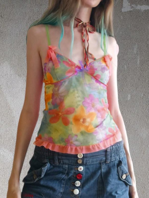 Colorful Floral Mesh Spaghetti Strap Women's Summer Vest - Forest Fairy Design, Dopamine Element, Trendy Y2K Style
