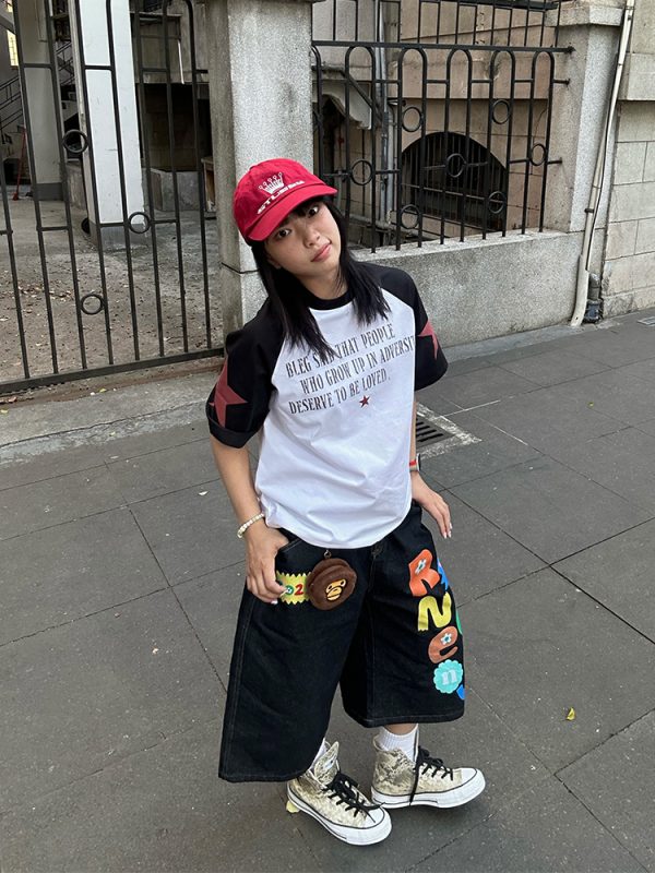 Colorful Letter Printed Washed Denim Shorts for Men and Women - Summer Straight Loose Wide-Leg 90s Style Seven-Point Pants