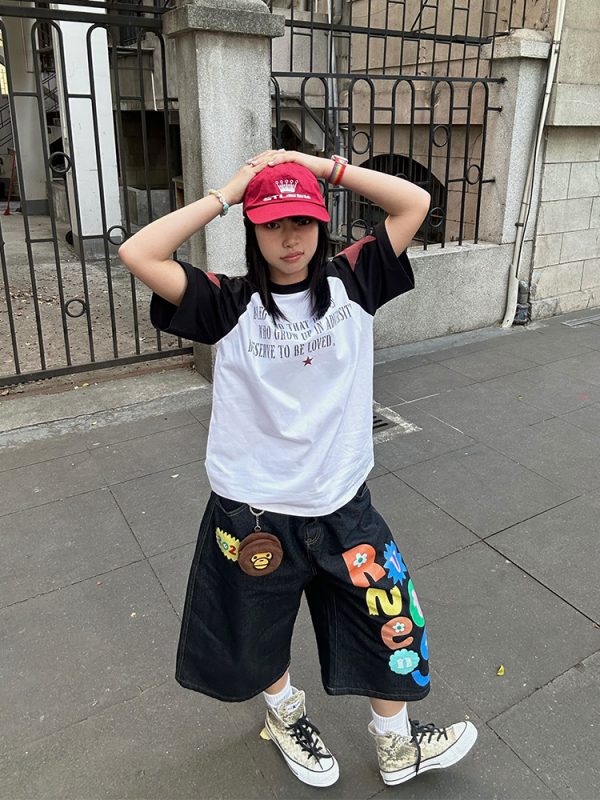 Colorful Letter Printed Washed Denim Shorts for Men and Women - Summer Straight Loose Wide-Leg 90s Style Seven-Point Pants