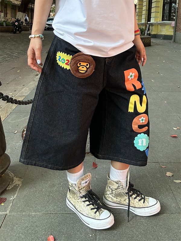 Colorful Letter Printed Washed Denim Shorts for Men and Women - Summer Straight Loose Wide-Leg 90s Style Seven-Point Pants