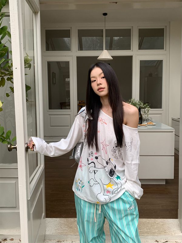 Colorful Printed Off-Shoulder Long Sleeve T-Shirt for Women | Casual Loose Fit Sun Protection Top for Spring & Summer Fashion