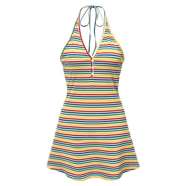 Colorful Striped Halter Dress for Women - Backless Slim A-line Mini Skirt, Perfect for Summer or Y2K Fashion Styles