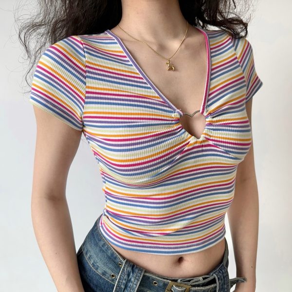 Colorful Striped Heart Button V-Neck Short Sleeve T-Shirt for Women â€“ Slim Fit European American Style Y2K Fashion Top