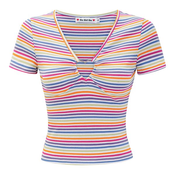 Colorful Striped Heart Button V-Neck Short Sleeve T-Shirt for Women â€“ Slim Fit European American Style Y2K Fashion Top