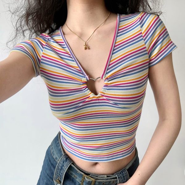 Colorful Striped Heart Button V-Neck Short Sleeve T-Shirt for Women â€“ Slim Fit European American Style Y2K Fashion Top