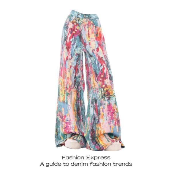 Colorful Women's Denim Wide-Leg Pants with Splash Ink Oil Painting Print, Slim Fit Trendy Style for Spring 2025