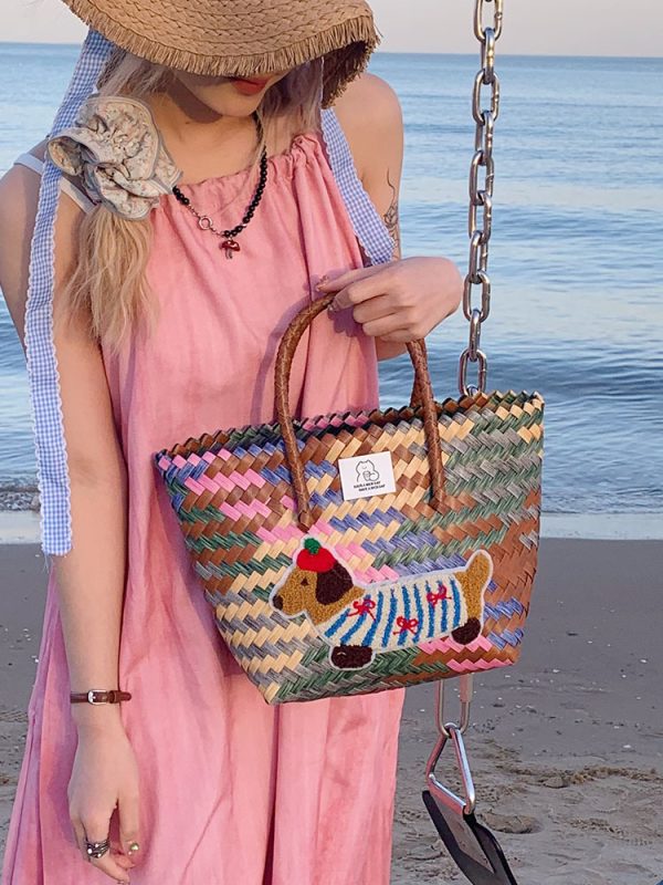 Colorful Woven Shoulder Bag for Women - Large Capacity High-End Beach Tote, 2025 Fashion Handheld Vacation Bag
