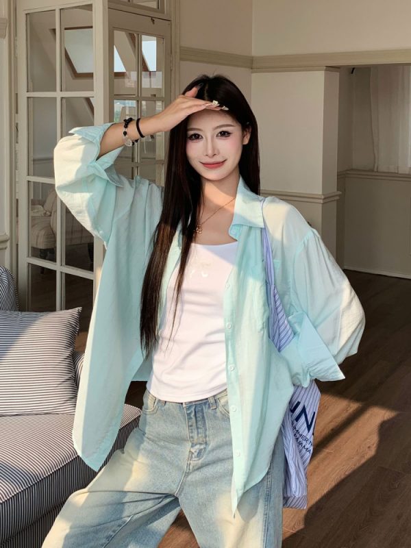 Cool Feeling Green Sunscreen Long Sleeve Shirt for Women - Loose Summer Cardigan Top, Perfect for 90s and Y2K Style