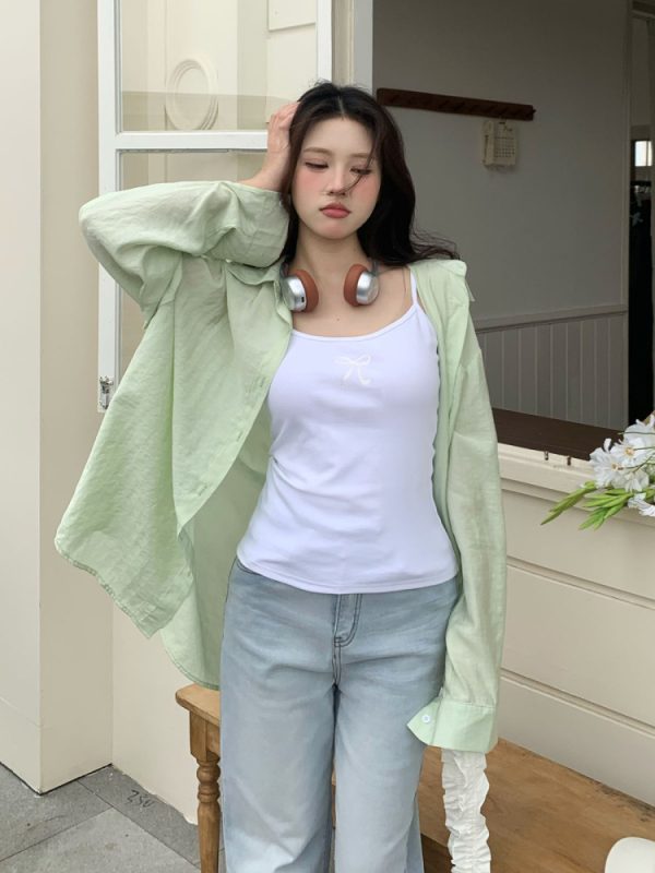 Cool Feeling Green Sunscreen Long Sleeve Shirt for Women - Loose Summer Cardigan Top, Perfect for 90s and Y2K Style