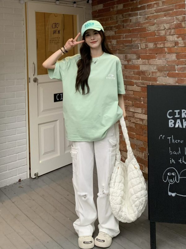Cool Pocket Short Sleeve T-Shirt for Women - 2025 Summer Quick-Dry Sun Protection Top, Casual Couple Style, Perfect for Y2K Fashion