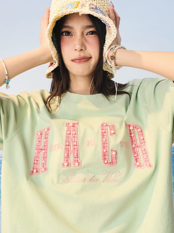 Cool Sensation Sunscreen Patch Embroidery Pearl Round Neck Sorona T-shirt - Trendy Y2K Style for Summer Wear
