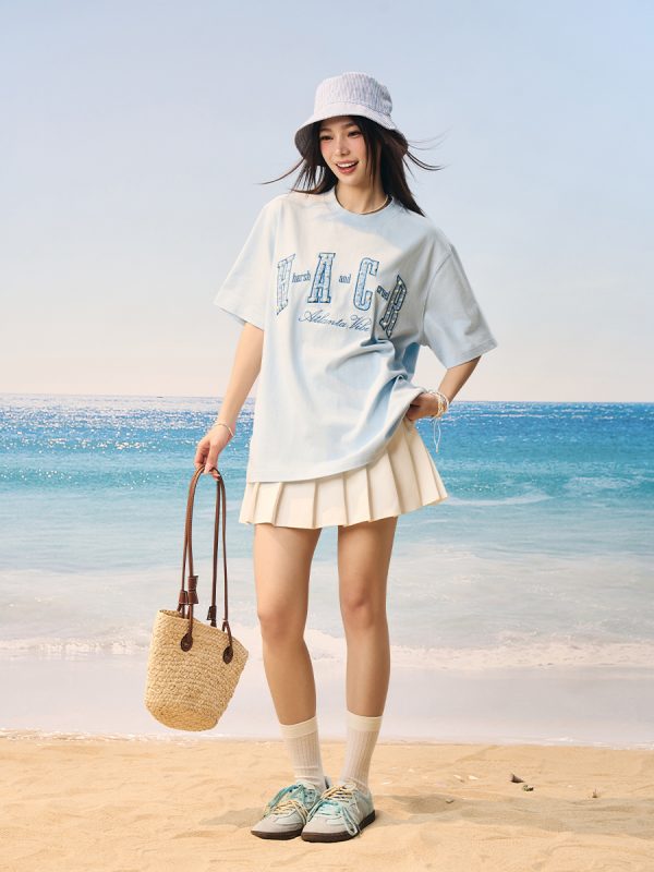 Cool Sensation Sunscreen Patch Embroidery Pearl Round Neck Sorona T-shirt - Trendy Y2K Style for Summer Wear