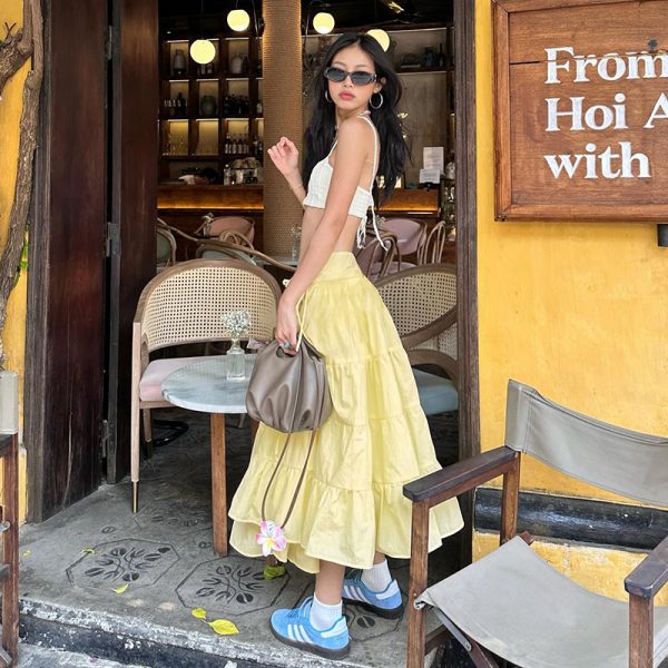 Cream Cheese Sweet Bow Multi-Layer Spliced Midi Skirt - Casual Versatile Long Skirt for Y2K and 90s Fashion Lovers
