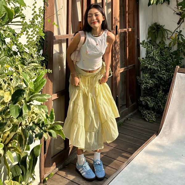 Cream Cheese Sweet Bow Multi-Layer Spliced Midi Skirt - Casual Versatile Long Skirt for Y2K and 90s Fashion Lovers