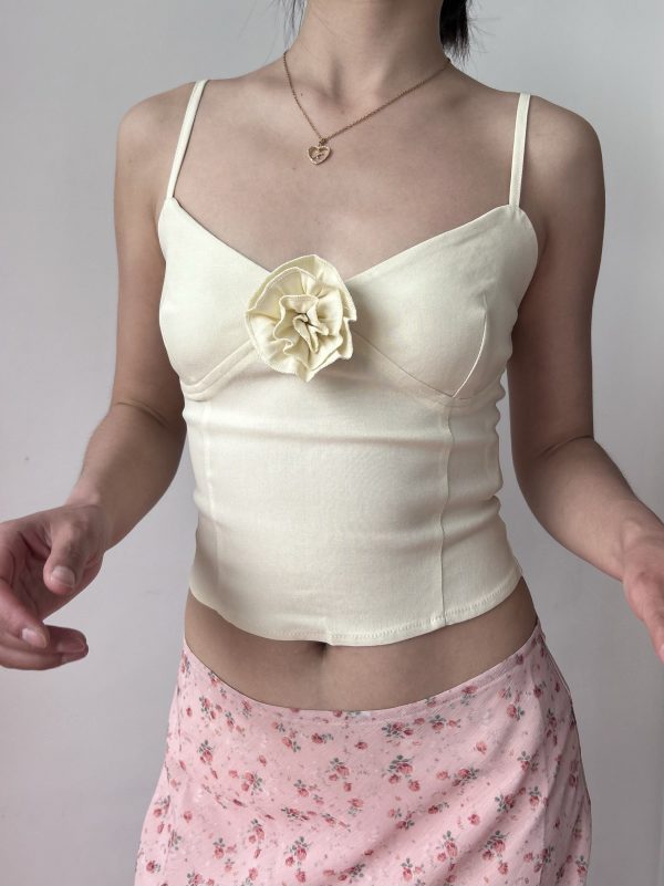 Cream Vintage Three-Dimensional Rose Flower Tight V-Neck Camisole - Spring/Summer American Style Fashion Top