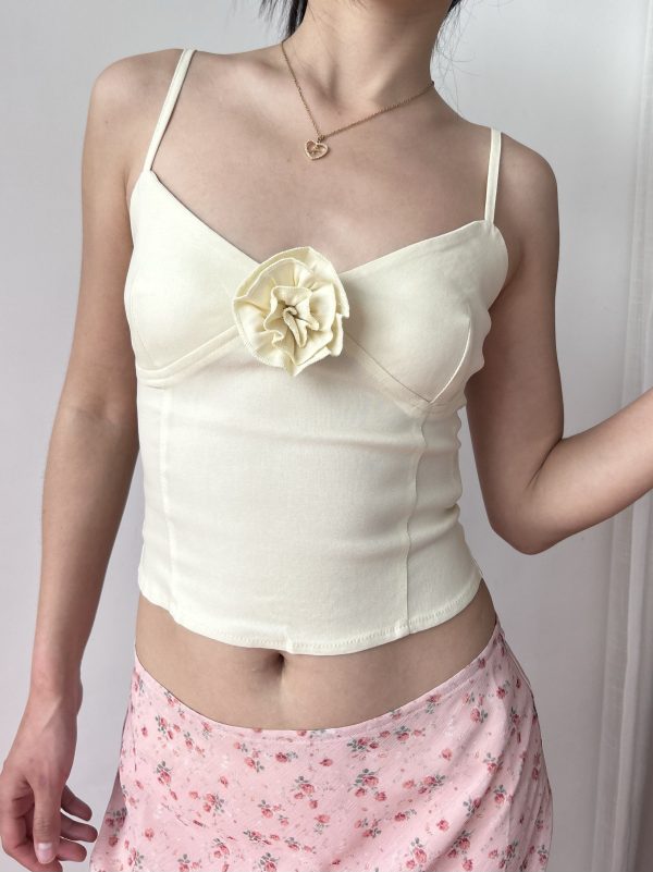 Cream Vintage Three-Dimensional Rose Flower Tight V-Neck Camisole - Spring/Summer American Style Fashion Top