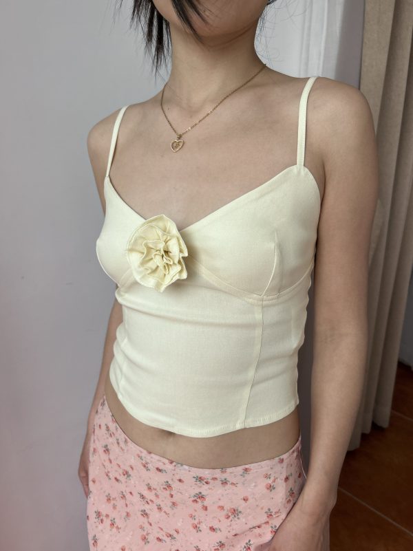 Cream Vintage Three-Dimensional Rose Flower Tight V-Neck Camisole - Spring/Summer American Style Fashion Top