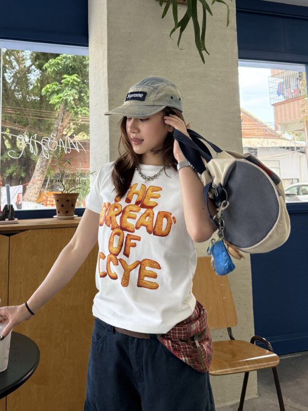 Creative Bread Print Short Sleeve T-Shirt for Women, Slightly Loose Fit, American Style Summer Top, Trendy Casual Wear